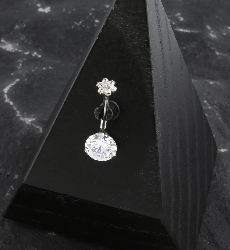 Double CZ Flower Top Titanium Threadless Belly Button Ring - Image 2