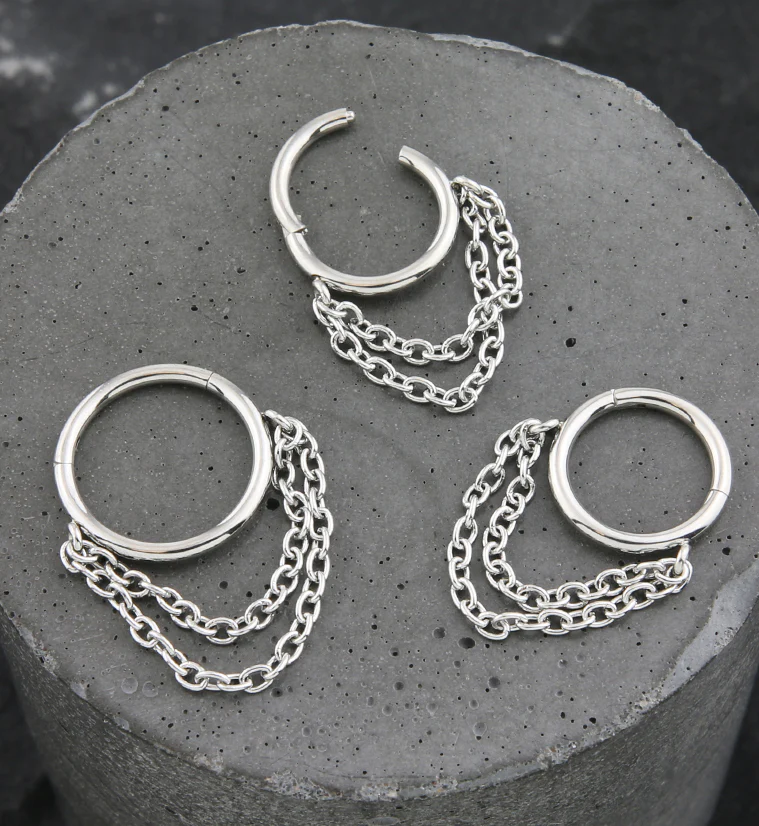 Double Dangle Chain Stainless Steel Hinged Segment Ring - Image 2