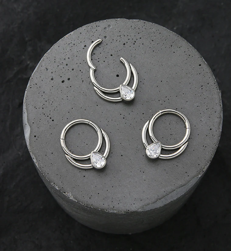 Double Front Facing Hoop Teardrop CZ Titanium Hinged Segment Ring - Image 2