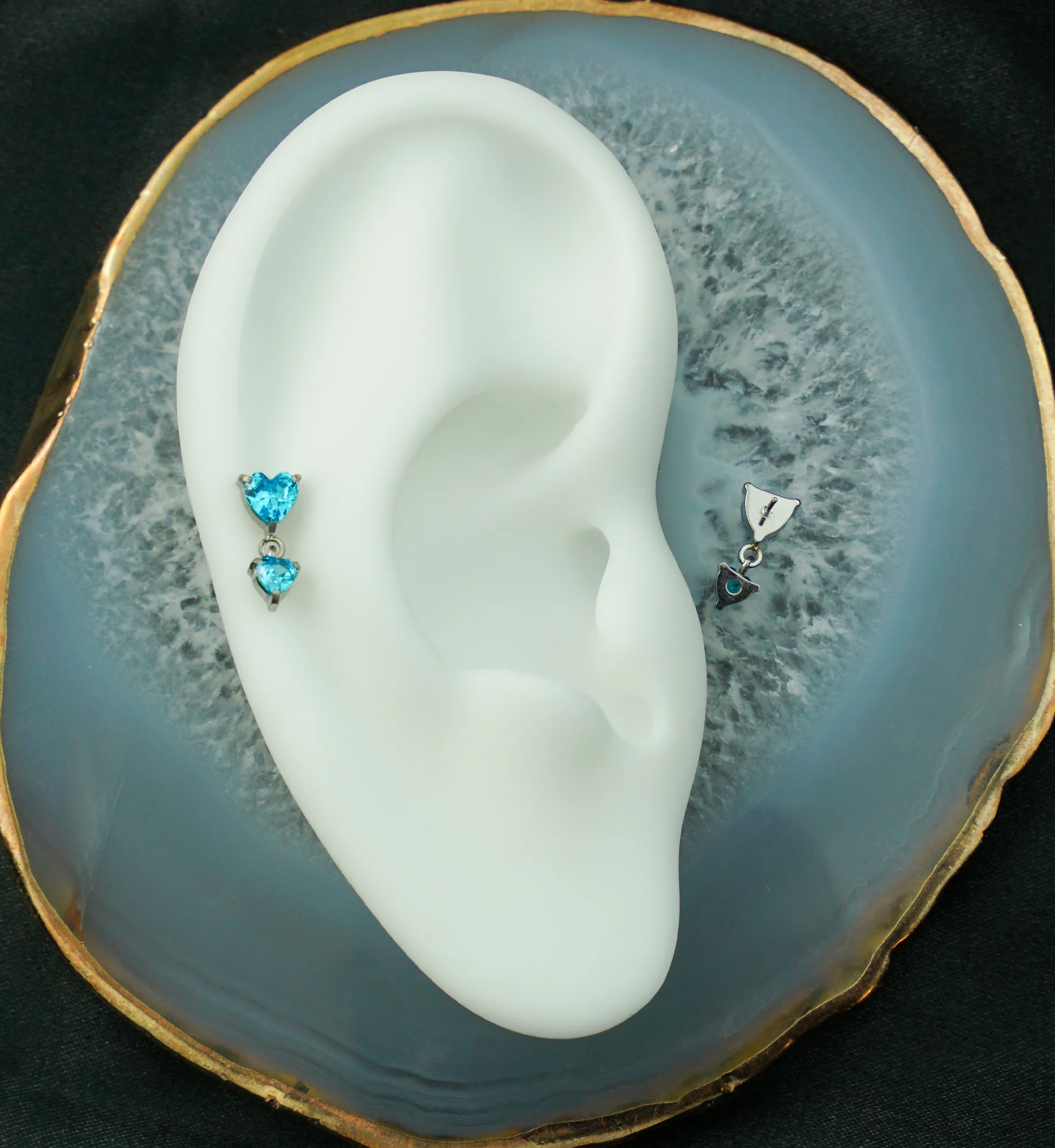 Double Heart Blue Topaz CZ Dangle Titanium Threadless Top - Image 2