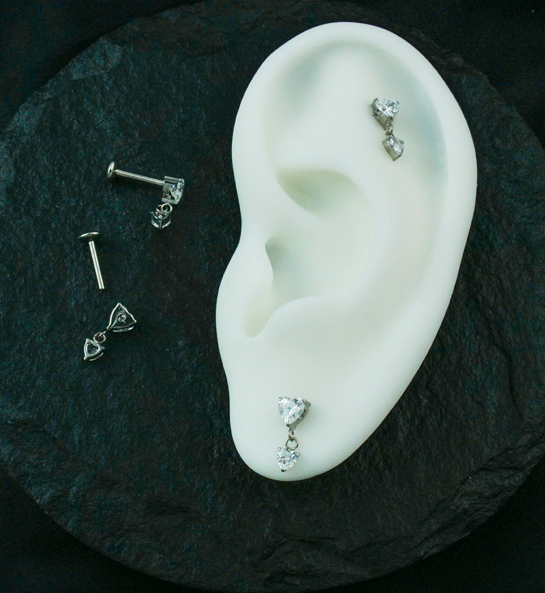 Double Heart Dangle Clear CZ Threadless Titanium Convex Disk Labret - Image 2