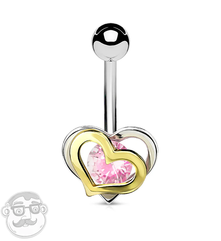Double Heart Pink CZ Belly Button Ring