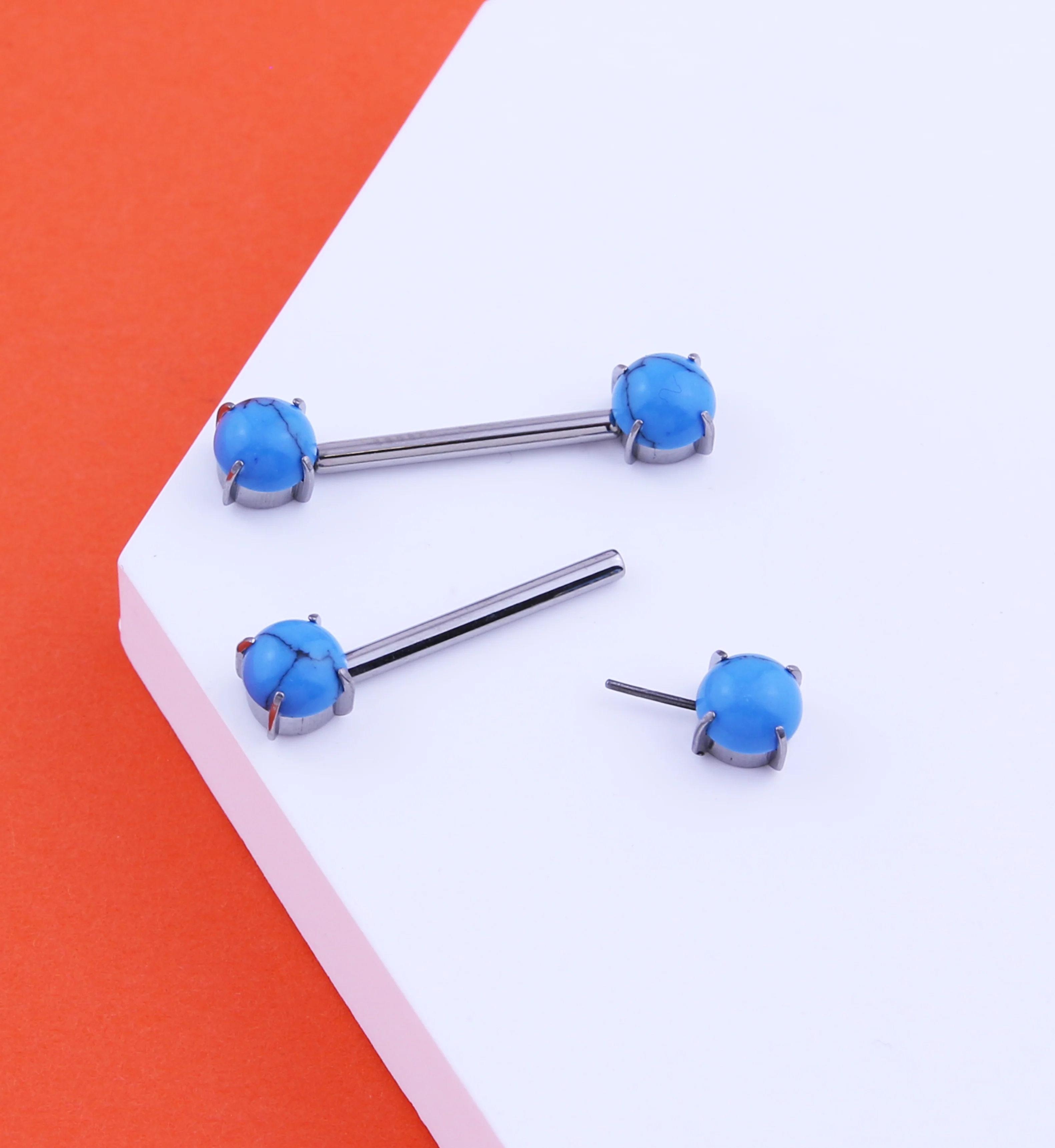 Double Howlite Turquoise Stone Threadless Titanium Nipple Barbells - Image 2
