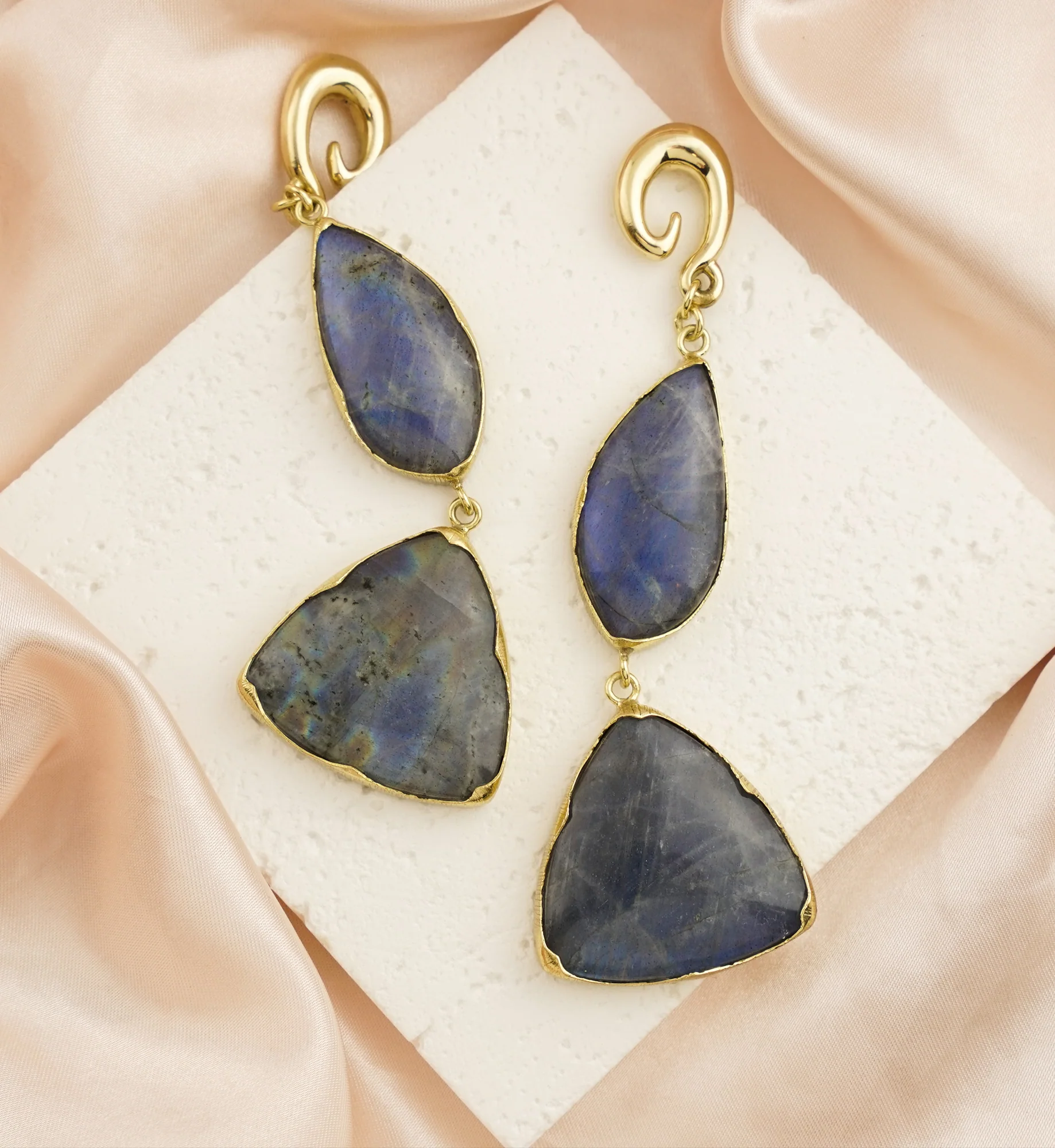 Double Labradorite Stone Brass Hangers/Ear Weights Version 1 - Image 2
