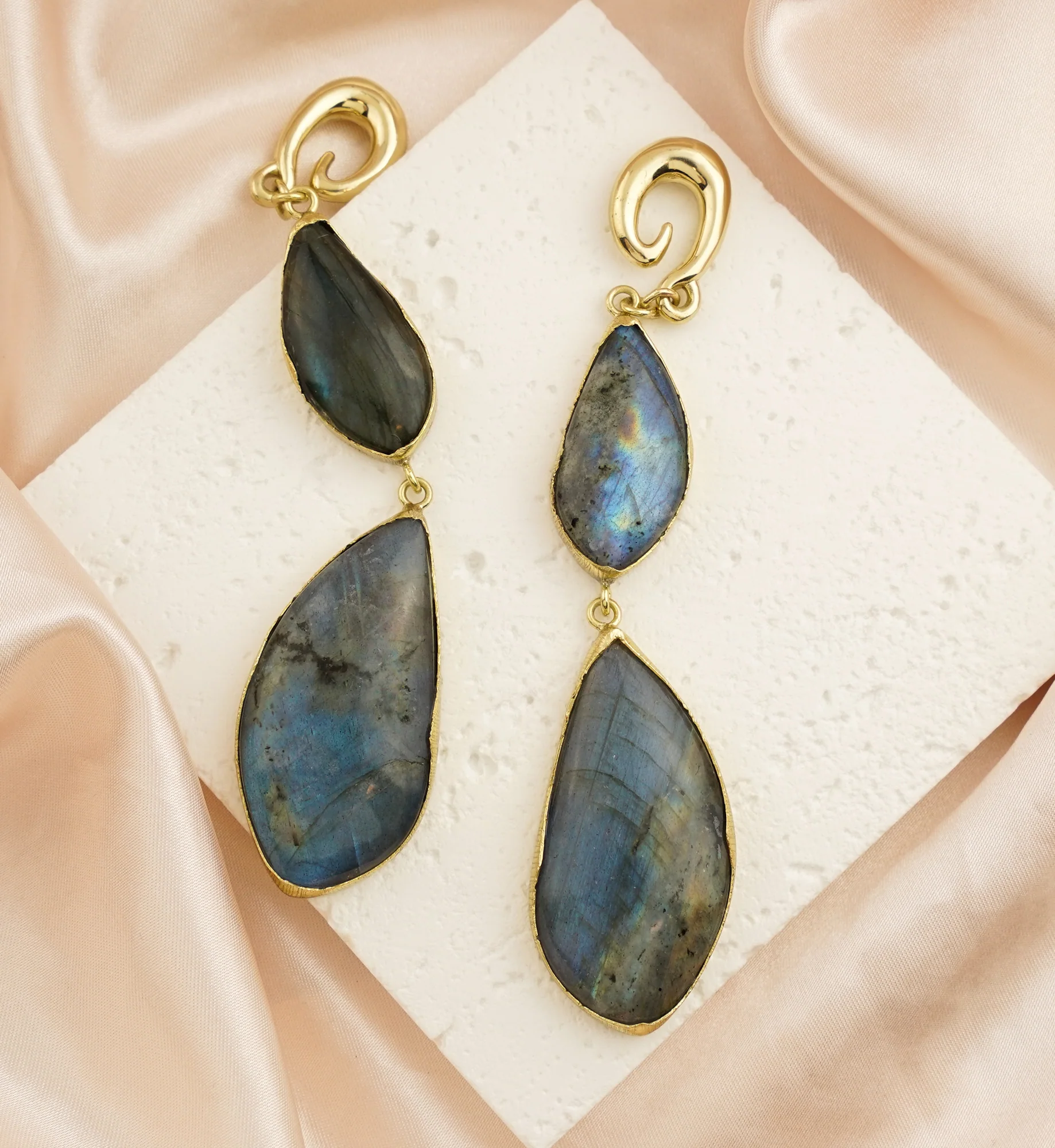 Double Labradorite Stone Brass Hangers/Ear Weights Version 2 - Image 2