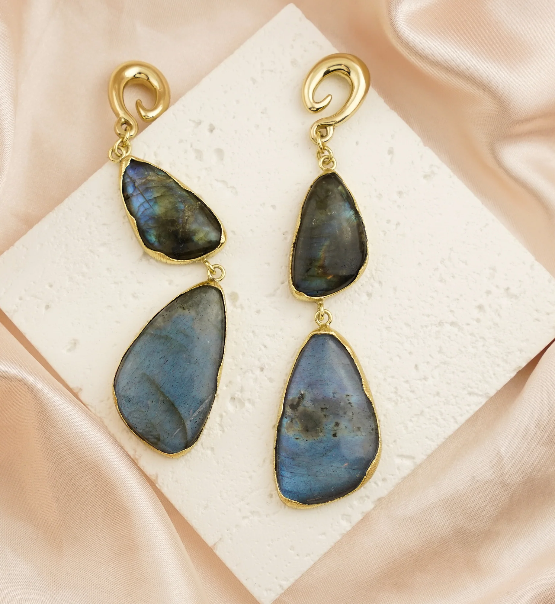 Double Labradorite Stone Brass Hangers/Ear Weights Version 3 - Image 2