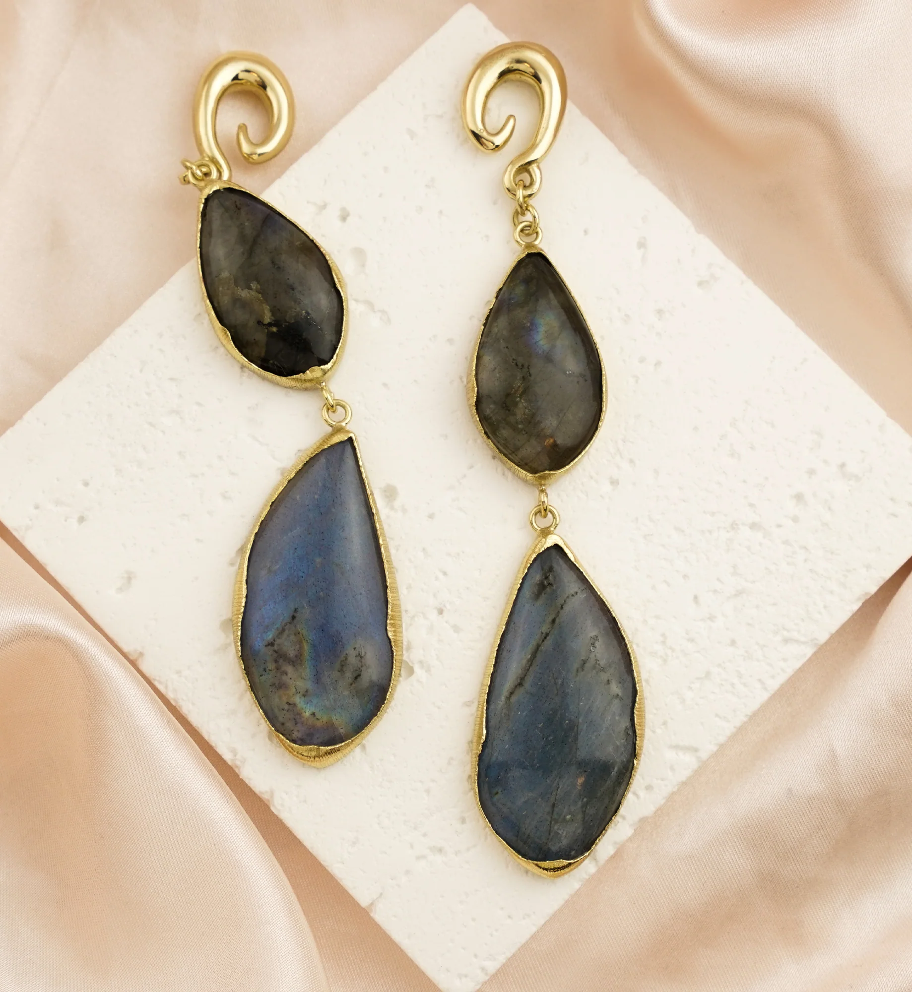 Double Labradorite Stone Brass Hangers/Ear Weights Version 4 - Image 2