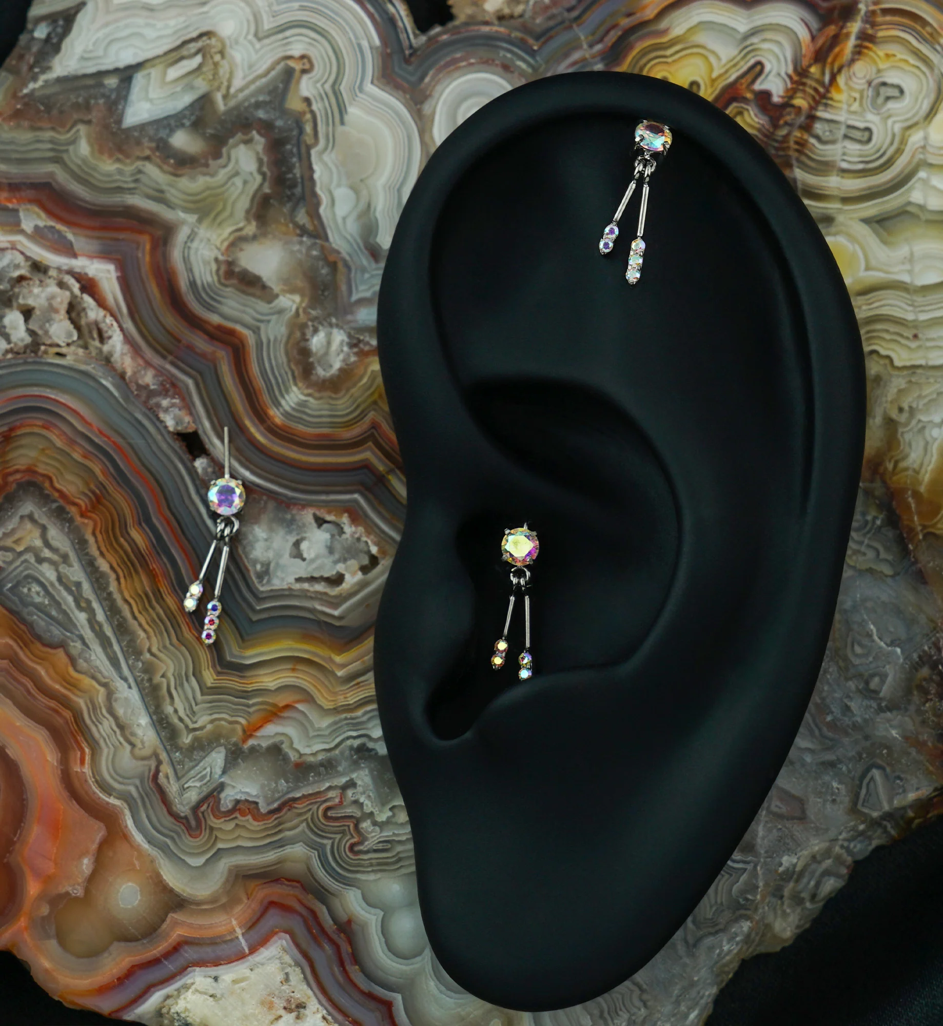 Double Rainbow Aurora CZ Bar Dangle Vertical Titanium Threadless Top - Image 2