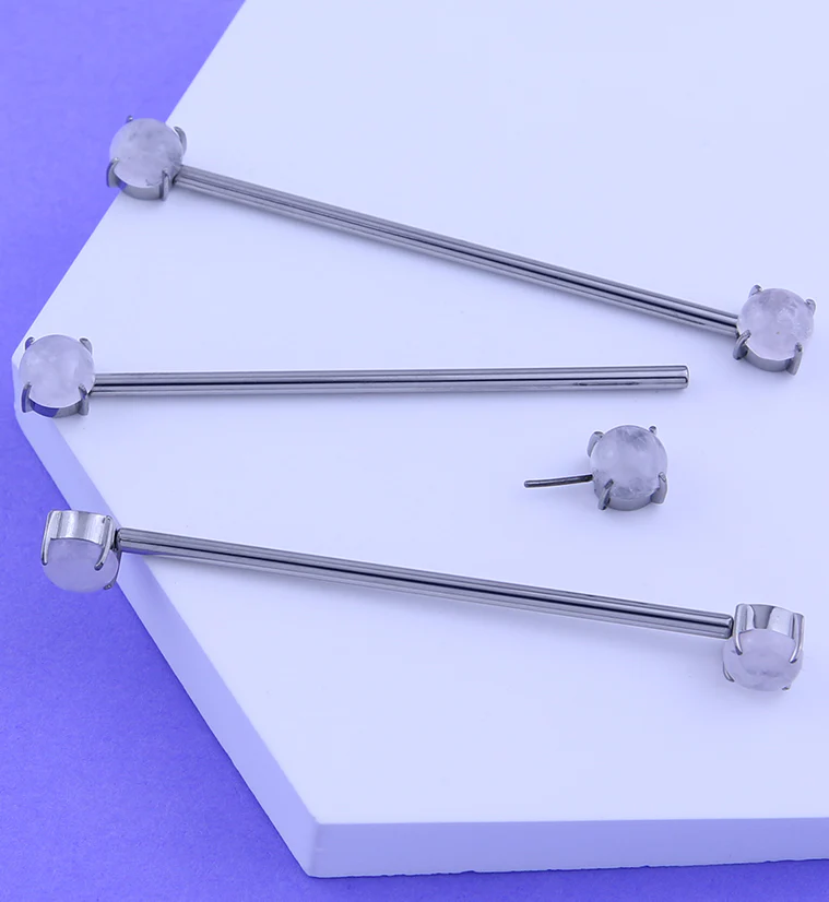 Double Rose Quartz Stone Threadless Titanium Industrial Barbell - Image 2
