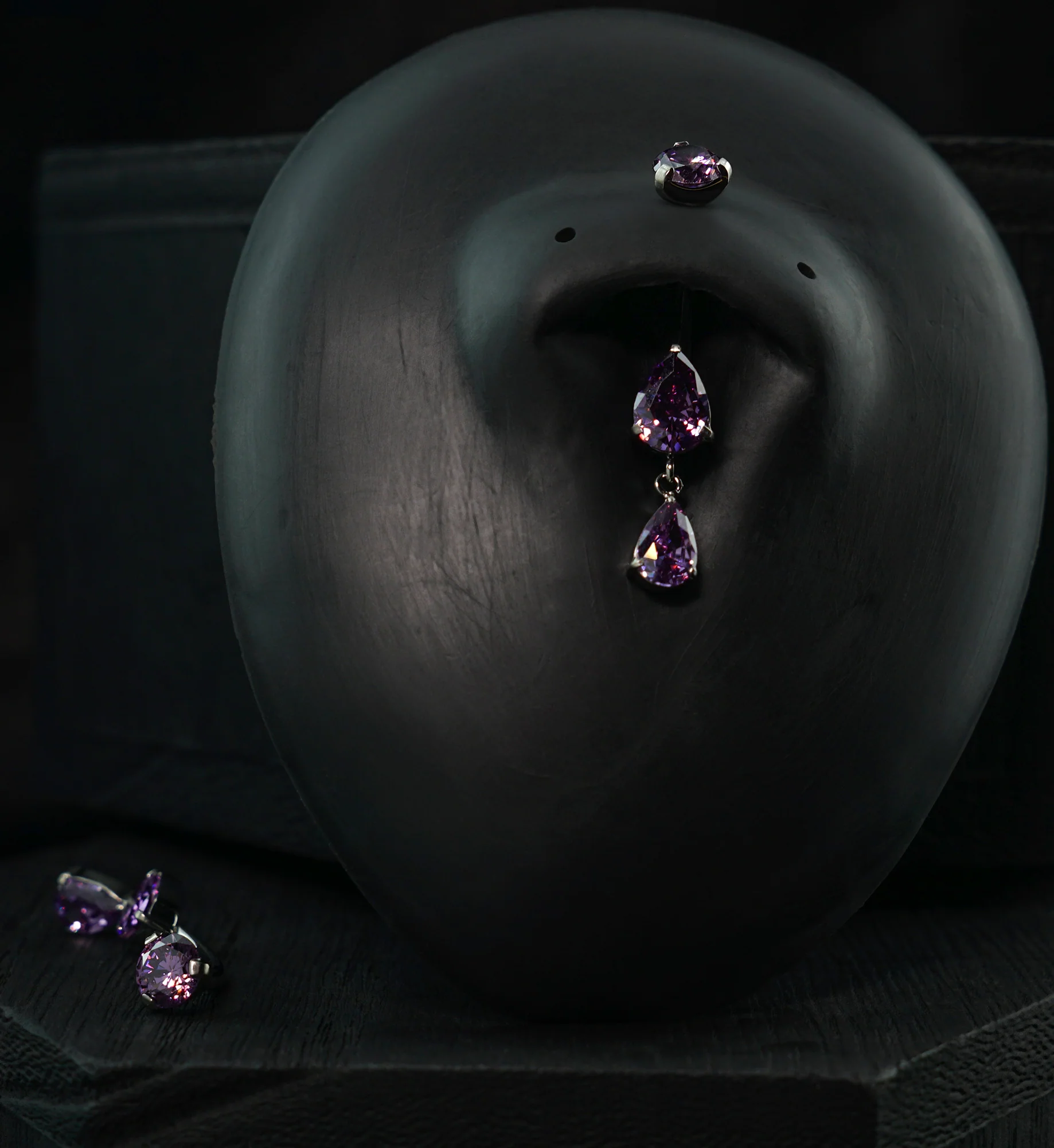 Double Teardrop Amethyst CZ Dangle Titanium Internally Threaded Belly Button Ring - Image 2