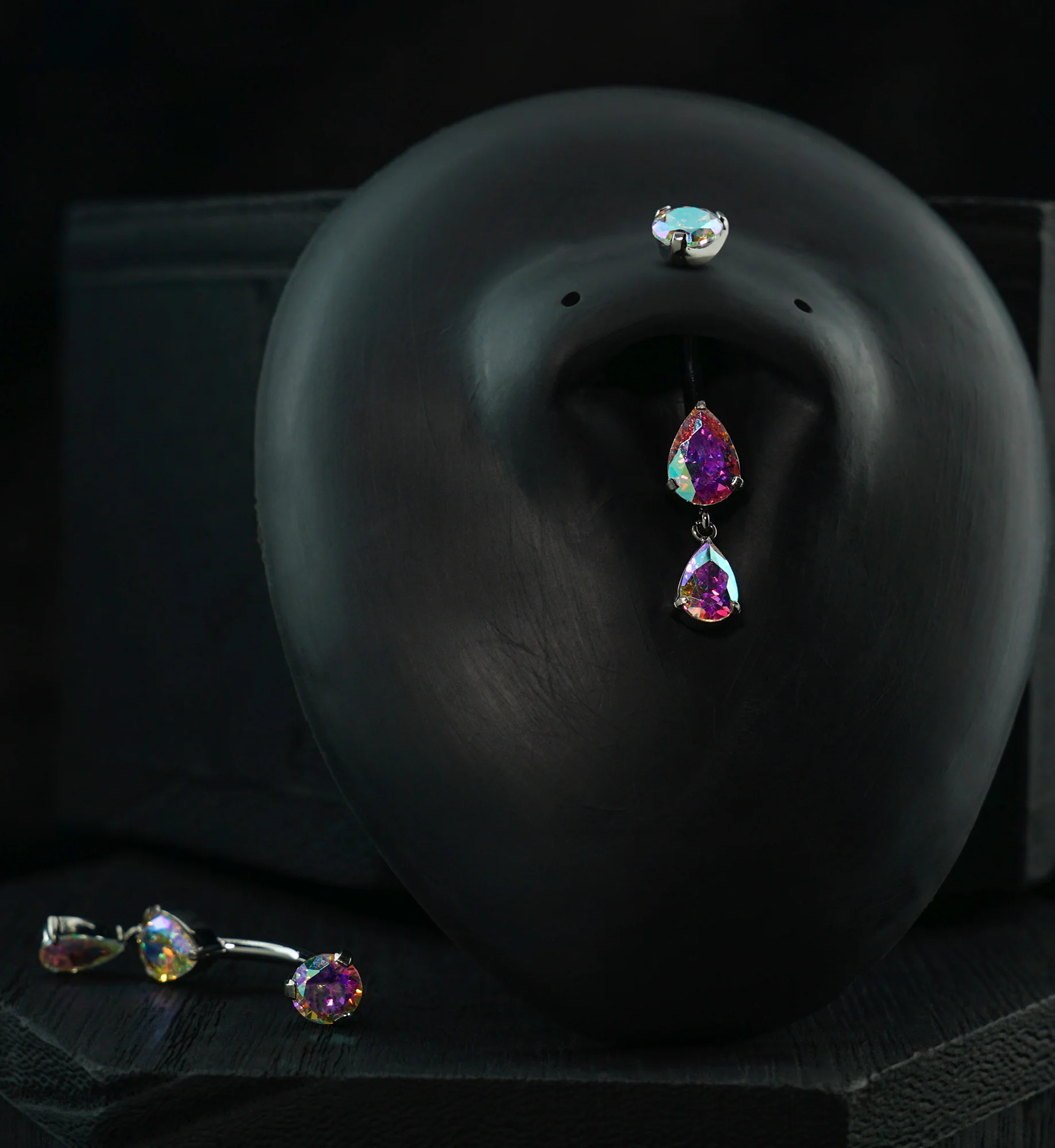 Double Teardrop Rainbow Aurora CZ Dangle Titanium Internally Threaded Belly Button Ring - Image 2