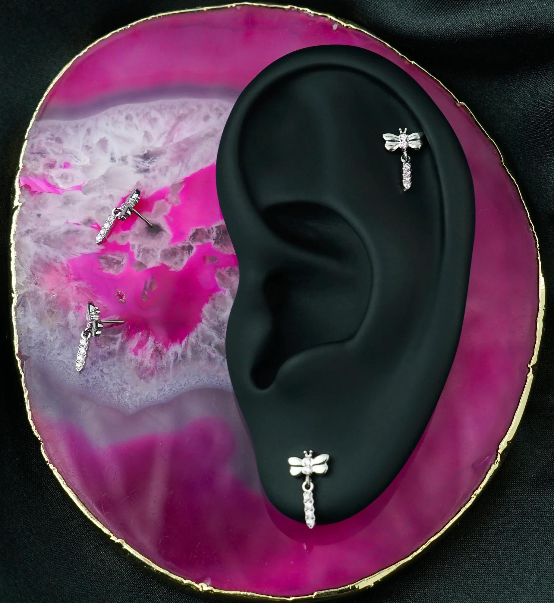 Dragonfly Pink CZ Dangle Titanium Threadless Top - Image 2