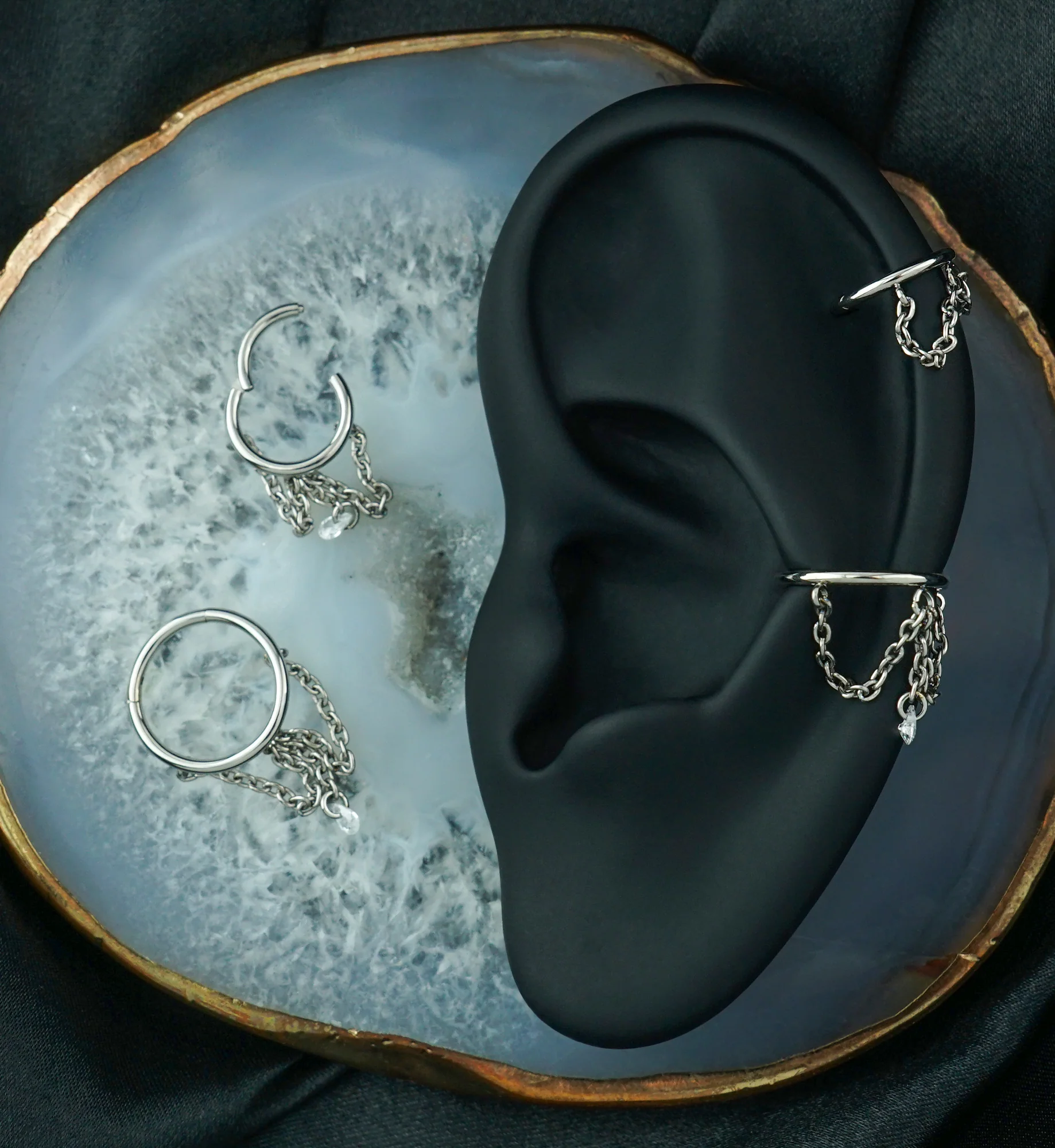 Draped Teardrop Clear CZ Dangle Chain Hinged Segment Ring - Image 2