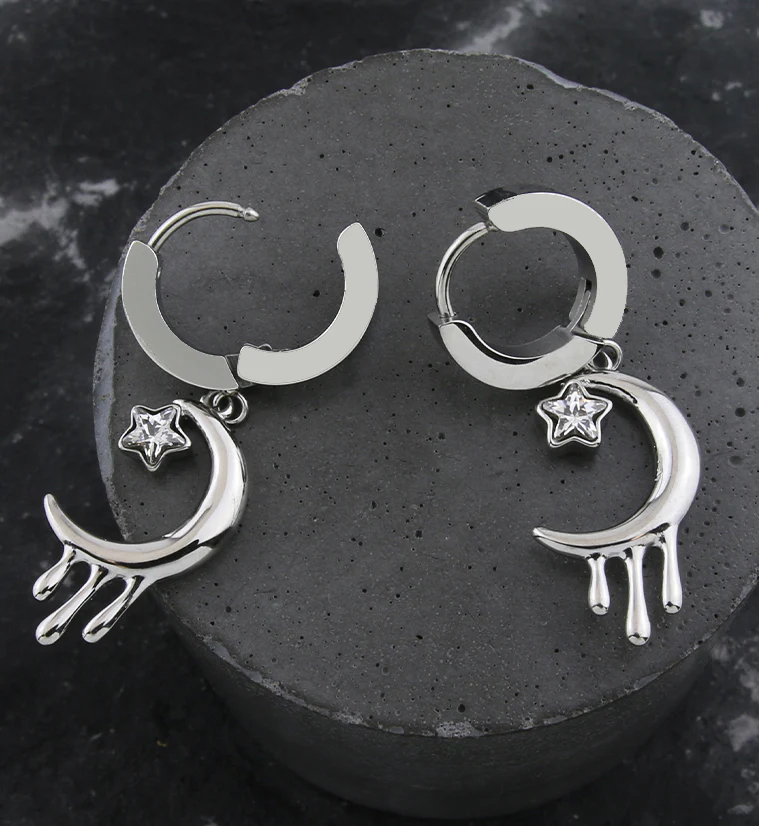 Dripping Half Moon Star Clear CZ Stainless Steel Hoop Huggie Earrings - Image 2
