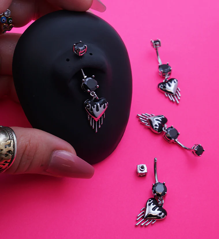 Dripping Heart Black CZ Stainless Steel Belly Button Ring - Image 2