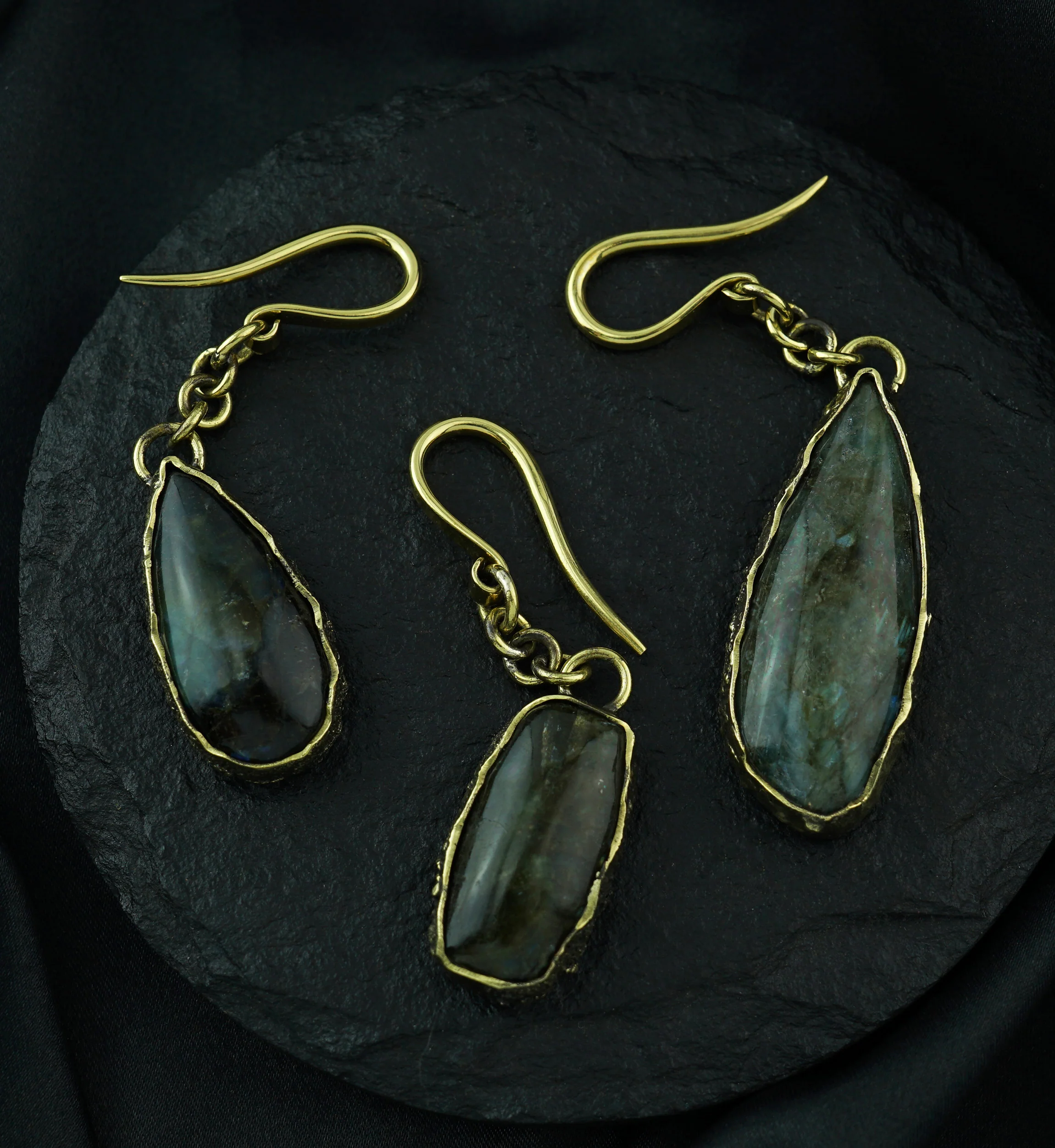 Droplet Labradorite Stone Hanging Brass Earrings/Hangers - Image 3