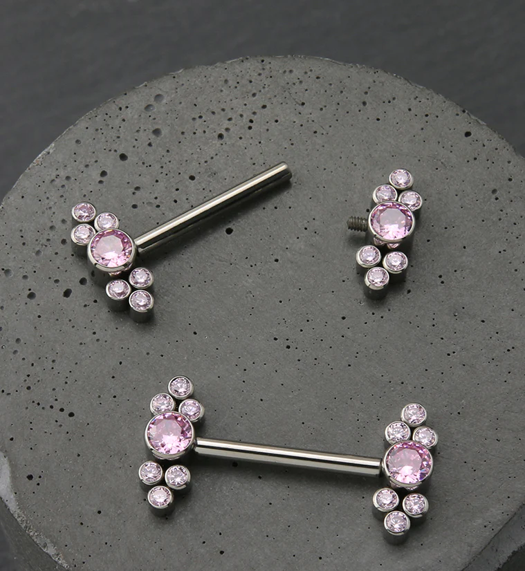 Dual Array Pink CZ Titanium Internally Threaded Nipple Ring Barbell - Image 2