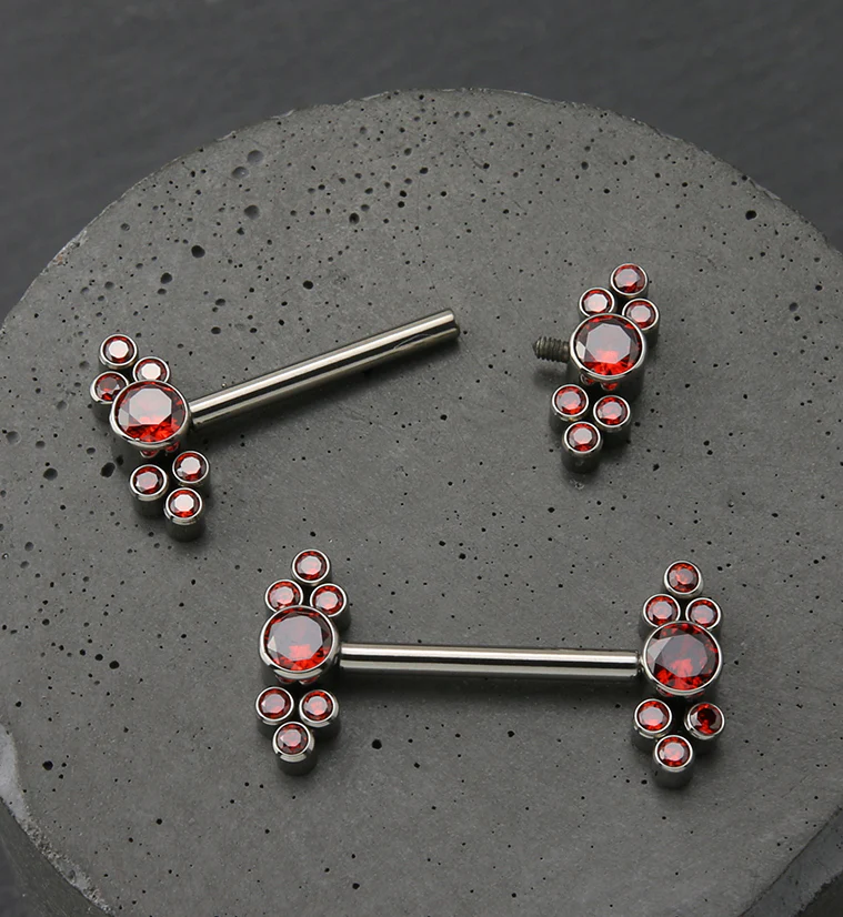 Dual Array Red CZ Titanium Internally Threaded Nipple Ring Barbell - Image 2