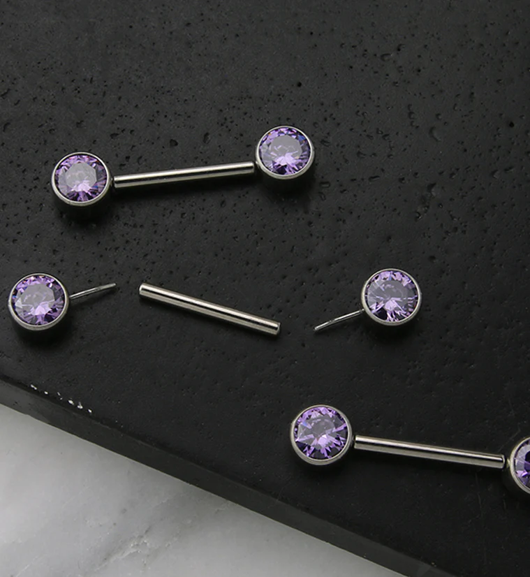Dual Bezel Purple CZ Titanium Threadless Nipple Ring Barbell - Image 2