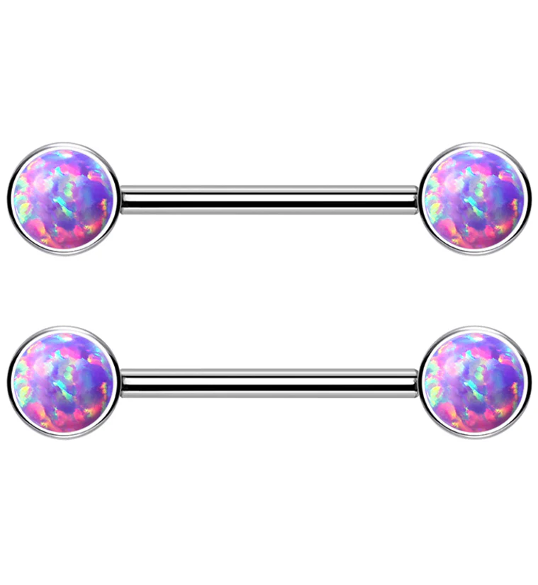 Dual Bezel Purple Opalite Titanium Threadless Nipple Ring Barbell