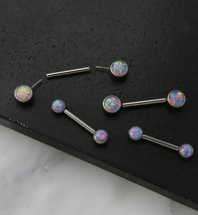 Dual Bezel Purple Opalite Titanium Threadless Nipple Ring Barbell - Image 2