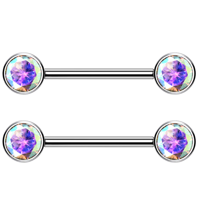 Dual Bezel Rainbow Aurora CZ Titanium Threadless Nipple Ring Barbell