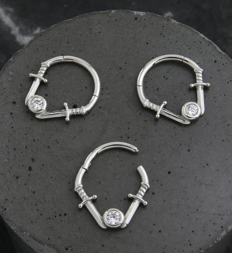 Dual Dagger Clear CZ Stainless Steel Hinged Segment Ring - Image 2