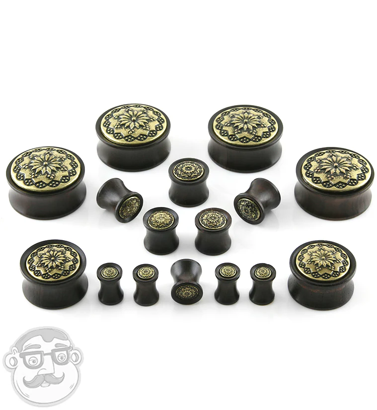 Ebony Wood Plugs With Brass Tribal Blossom Inlay - Image 3