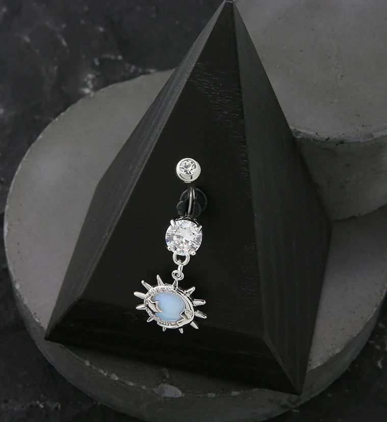 Eclipse White Opalite Dangle Stainless Steel Belly Button Ring - Image 2