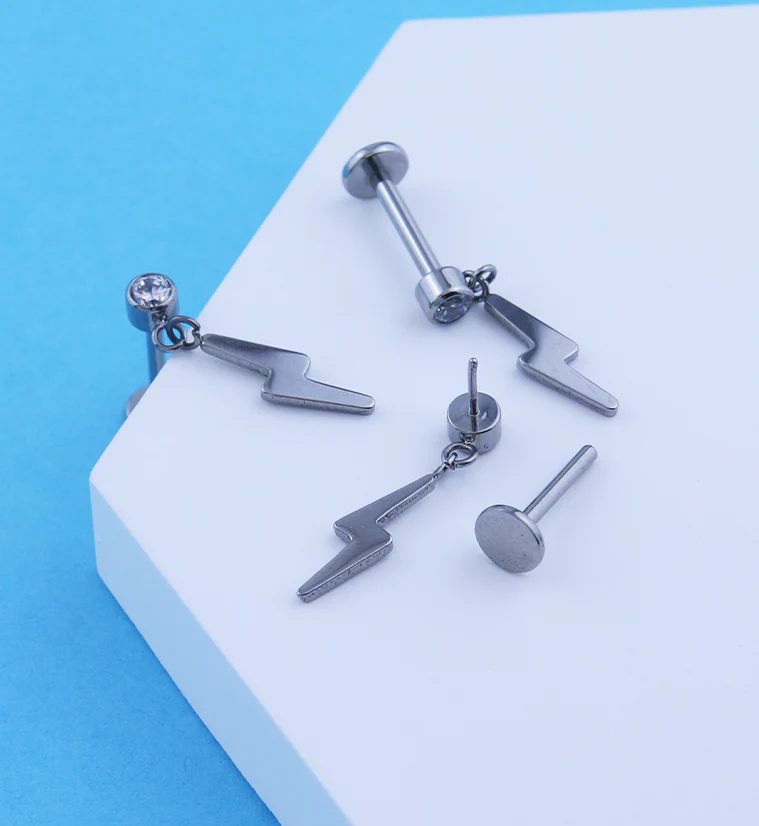 Electric Bolt Dangle Clear CZ Titanium Threadless Labret - Image 2