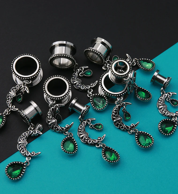 Emerald Crescent Moon Dangle Stainless Steel Tunnels - Image 2