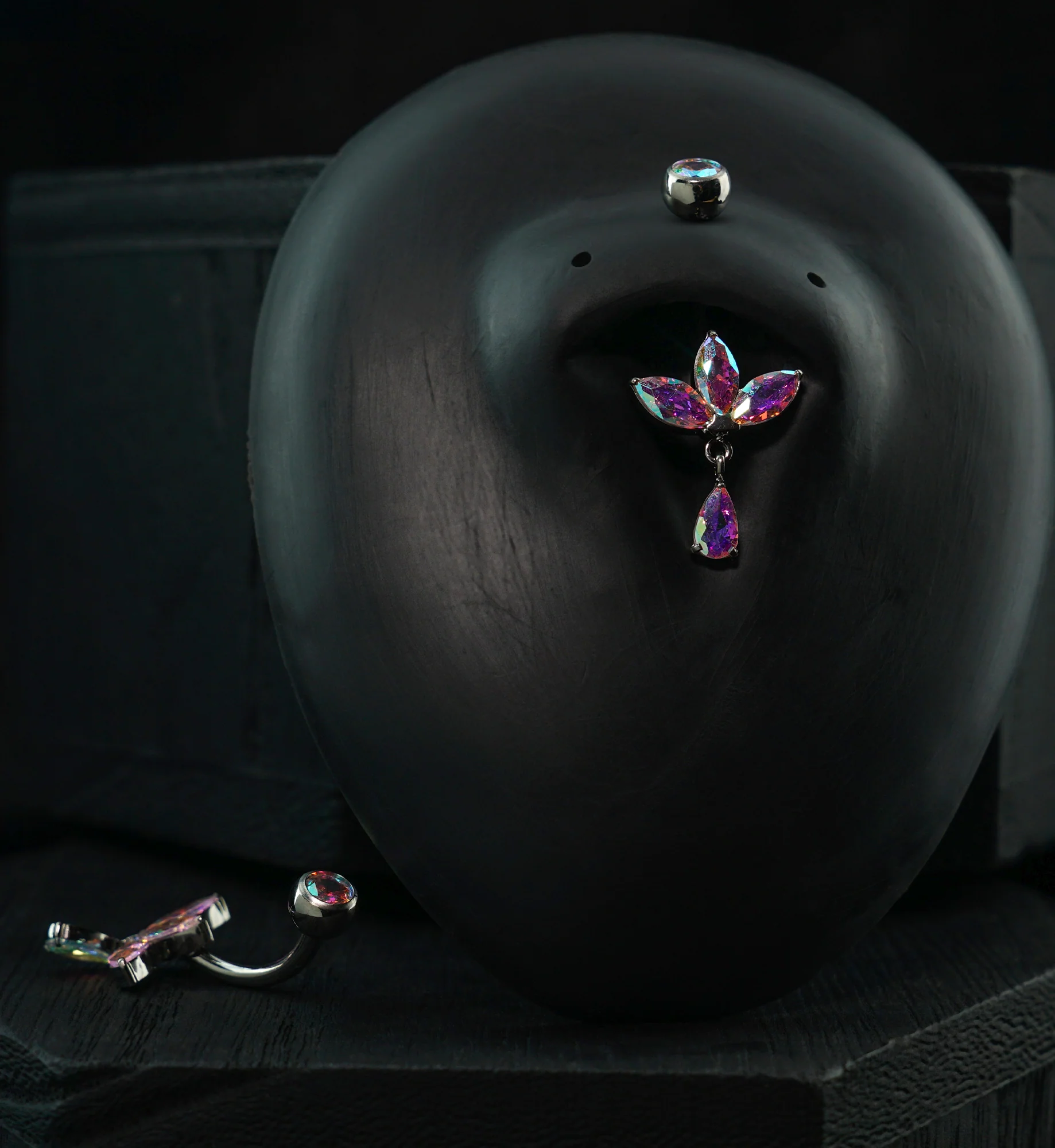 Empress Teardrop Rainbow Aurora CZ Dangle Titanium Internally Threaded Belly Button Ring - Image 2