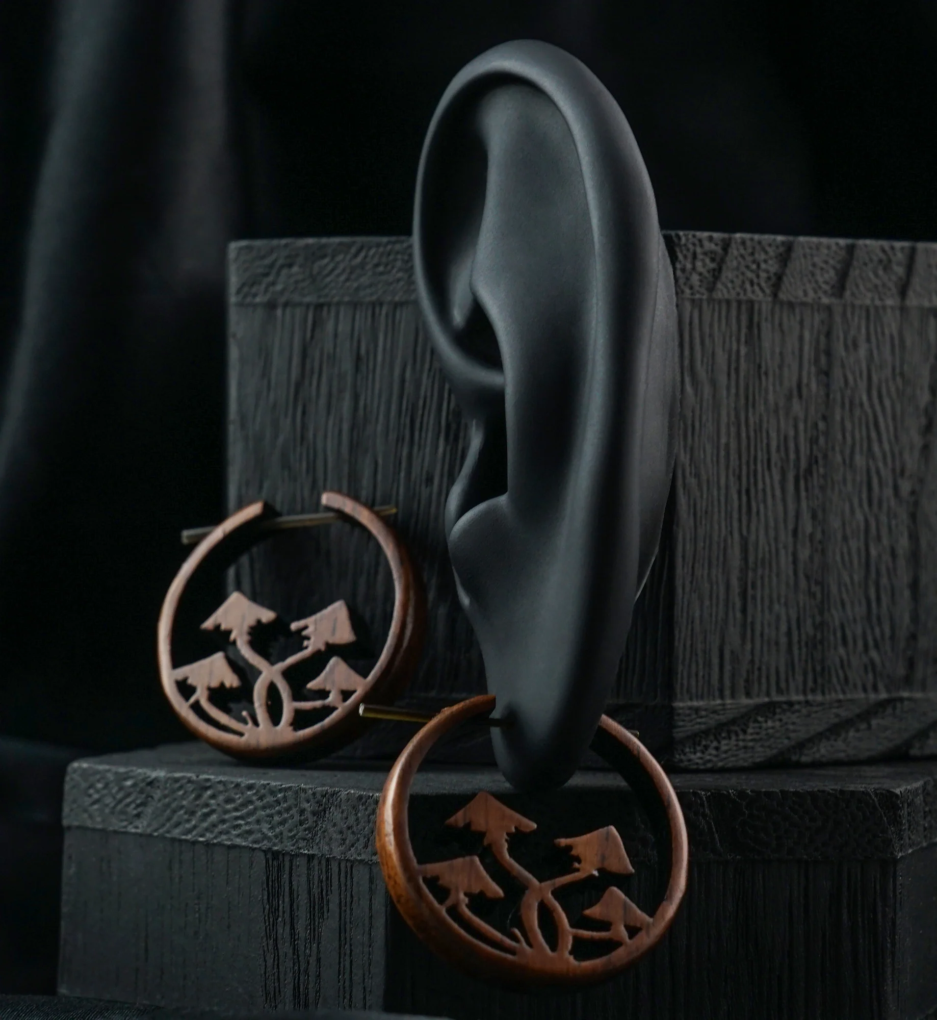 Entwined Mushrooms Hoop Wood Earrings - Image 2