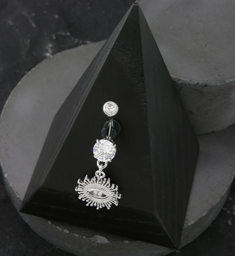 Evil Eye Surge CZ Dangle Stainless Steel Belly Button Ring - Image 2