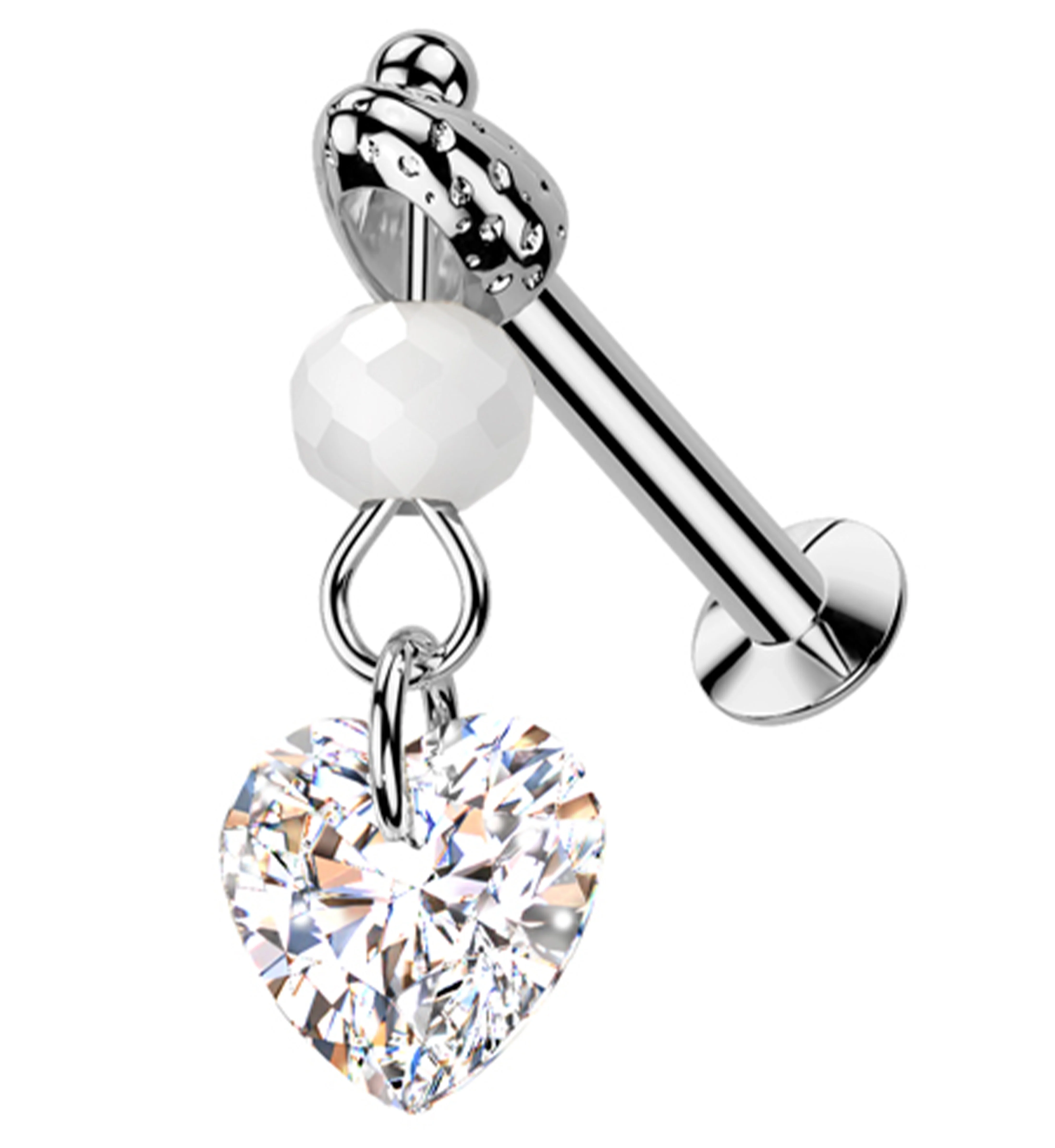Faceted Bead Heart CZ Dangle Stainless Steel Convex Disc Threadless Labret