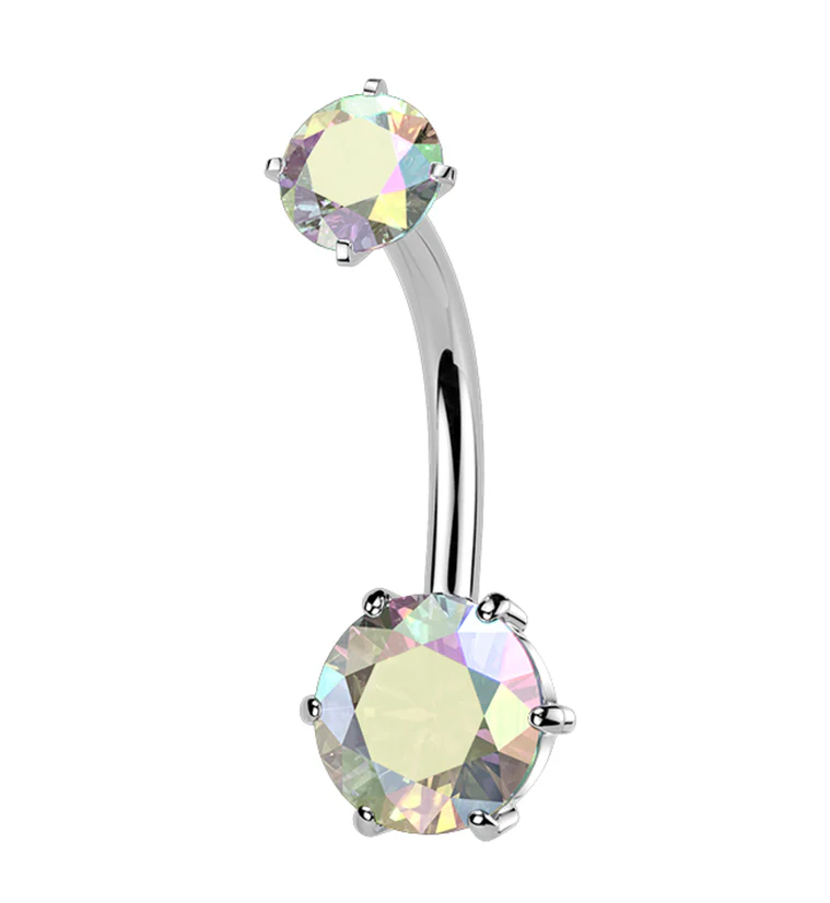 Faceted Rainbow Aurora CZ Stainless Steel Internally Threaded Belly Button Ring