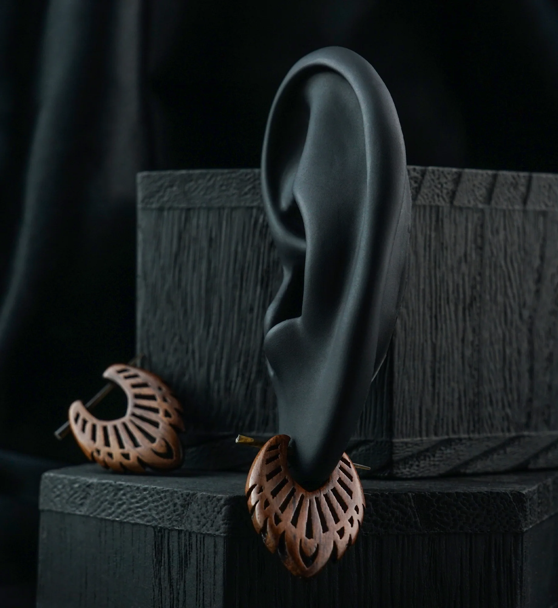 Feathered Shield Hoop Wood Earrings - Image 2