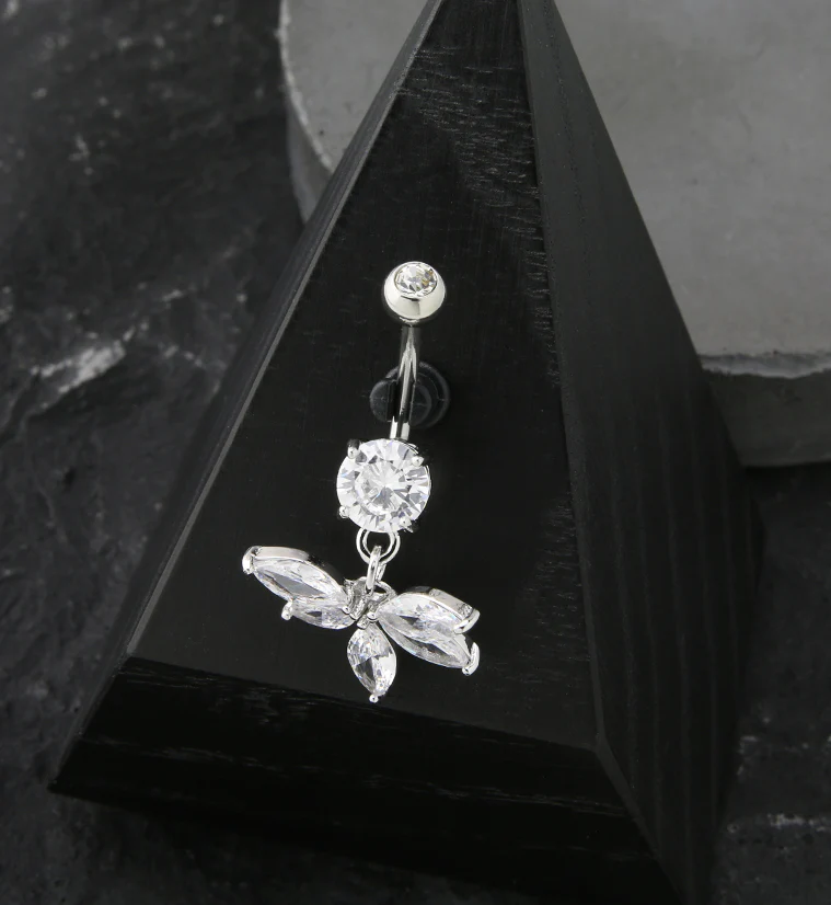 Five Petal CZ Flower Dangle Stainless Steel Belly Button Ring - Image 2