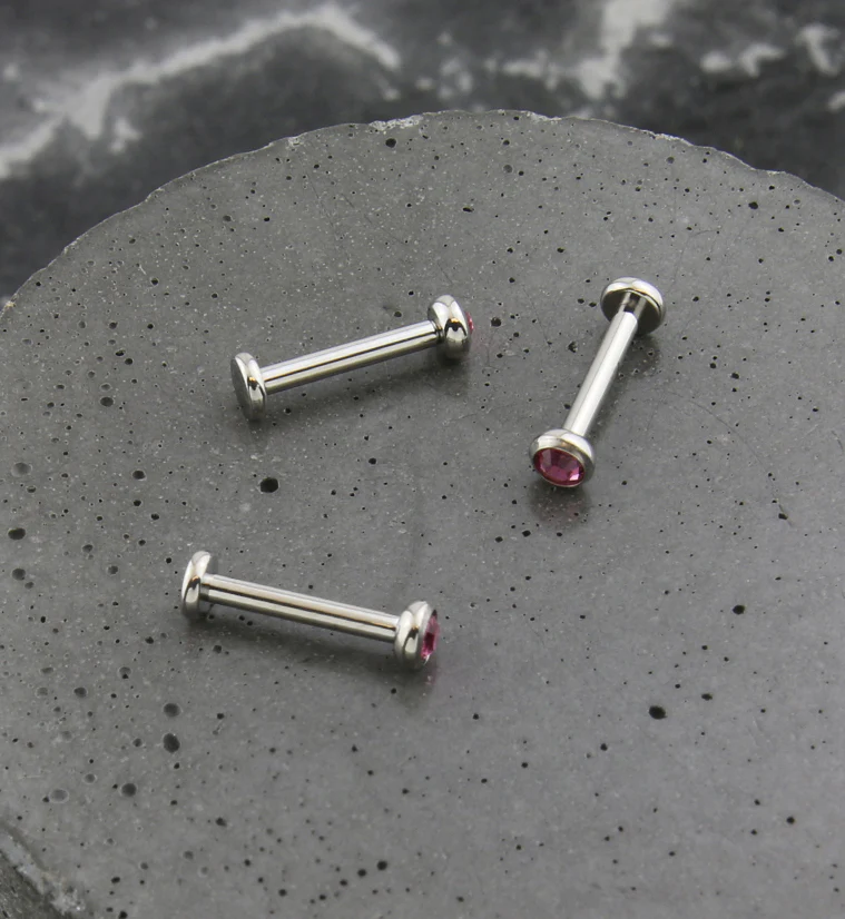 Flat Bezel Pink CZ Internally Threaded Titanium Labret - Image 2