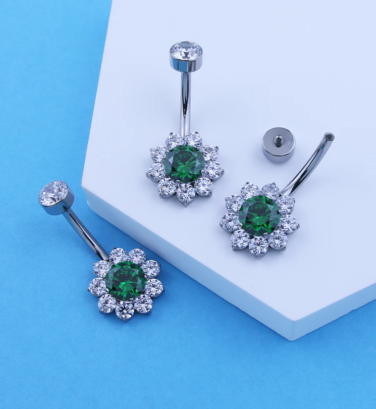 Flora Green CZ Internally Threaded Titanium Belly Button Ring - Image 2