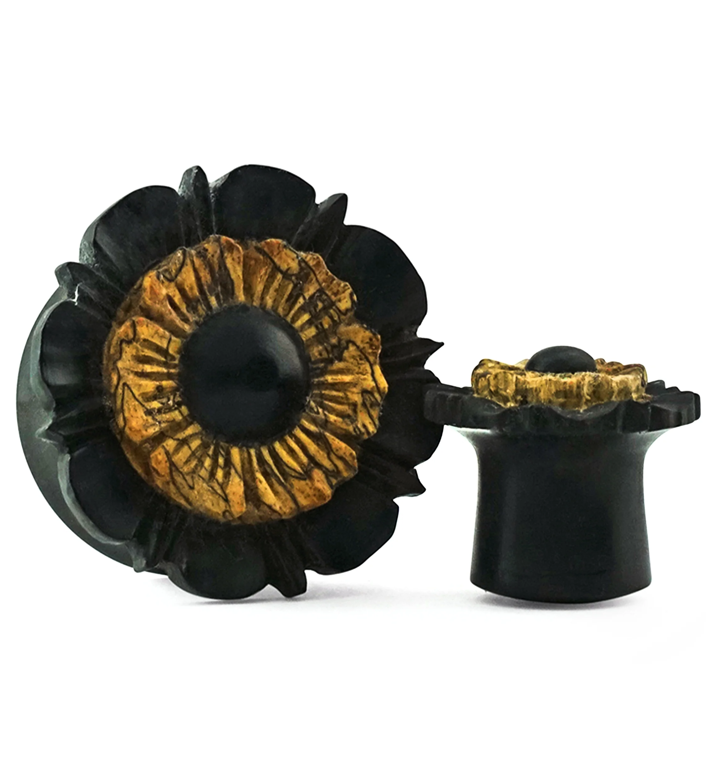 Floral Mayan Flare Areng Wood Plugs with Tamarind Wood Inner Ring
