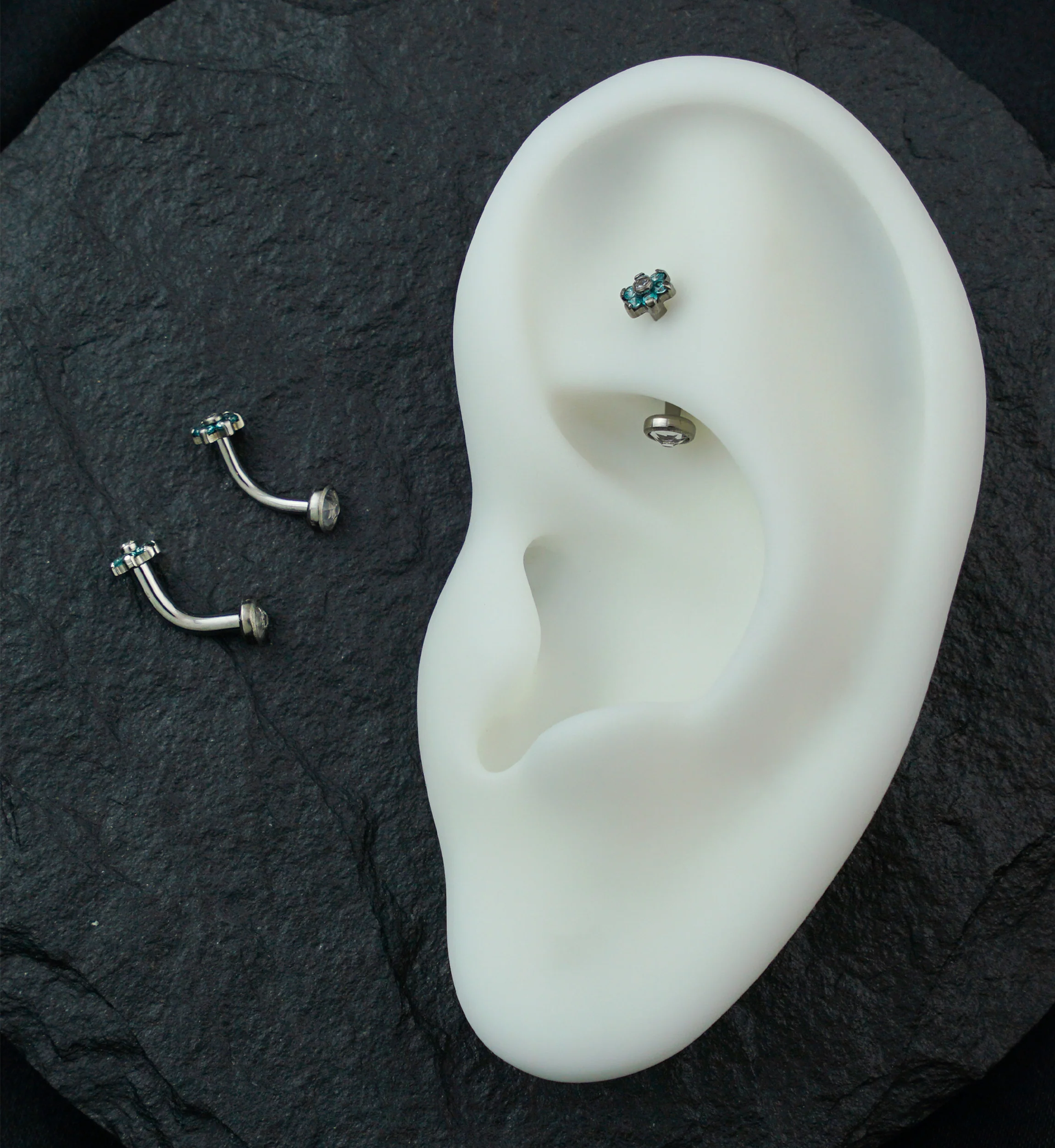 Flower Aqua CZ Titanium Internally Threaded Curved Barbell