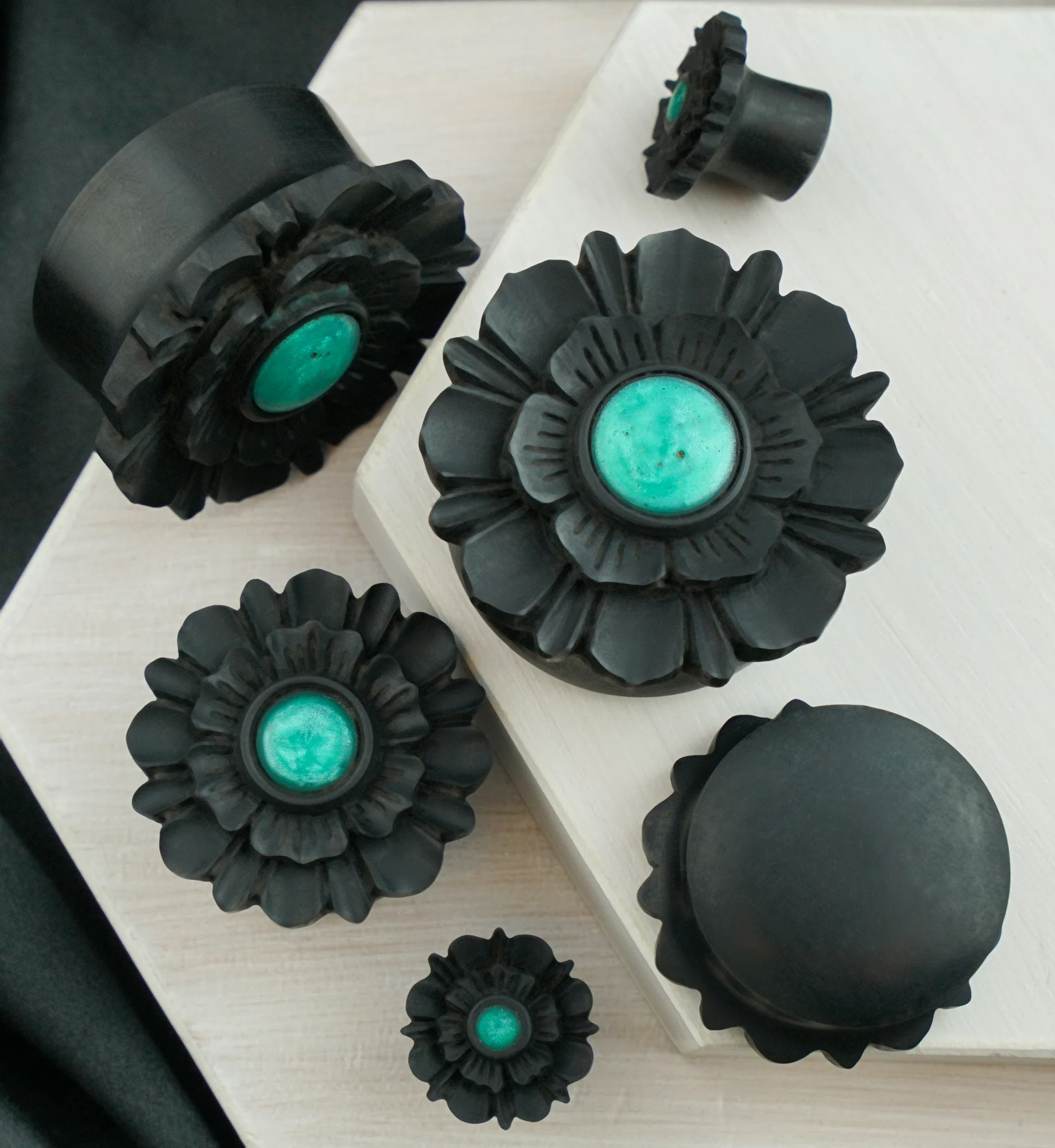 Floral Mayan Flared Wooden Plugs with Green Resin Inlay - Image 2