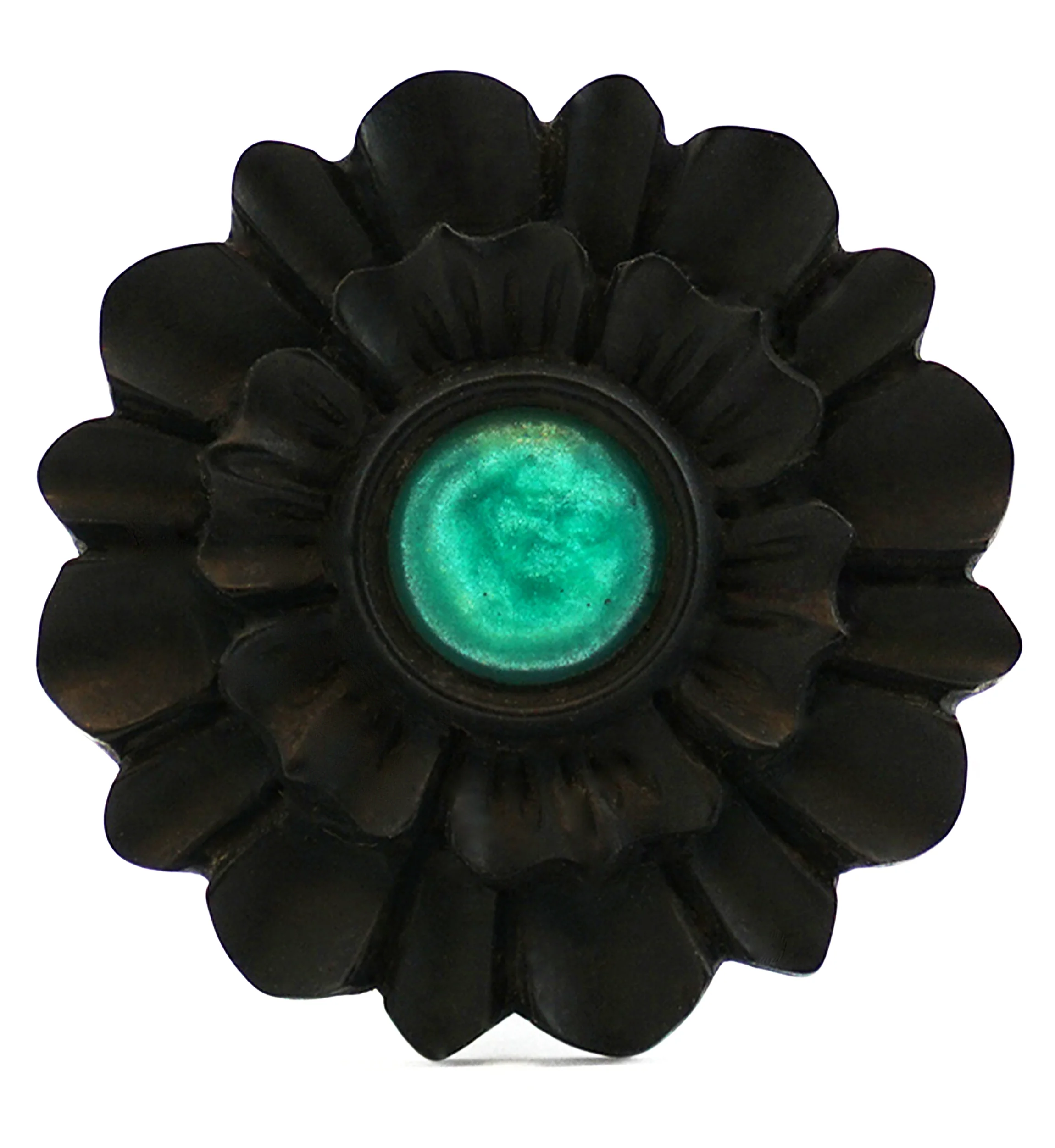 Floral Mayan Flared Wooden Plugs with Green Resin Inlay - Image 4