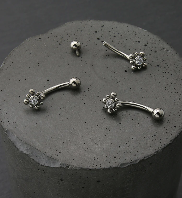 Flower Bead CZ Internally Threaded Titanium Curved Barbell - Image 2