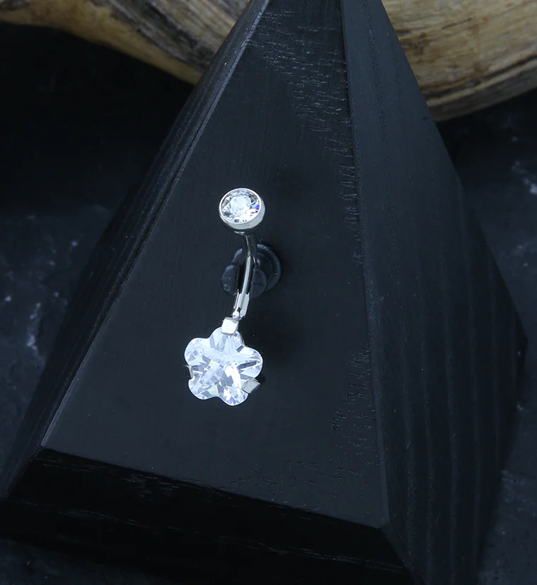 Flower Clear CZ Internally Threaded Titanium Belly Button Ring - Image 2