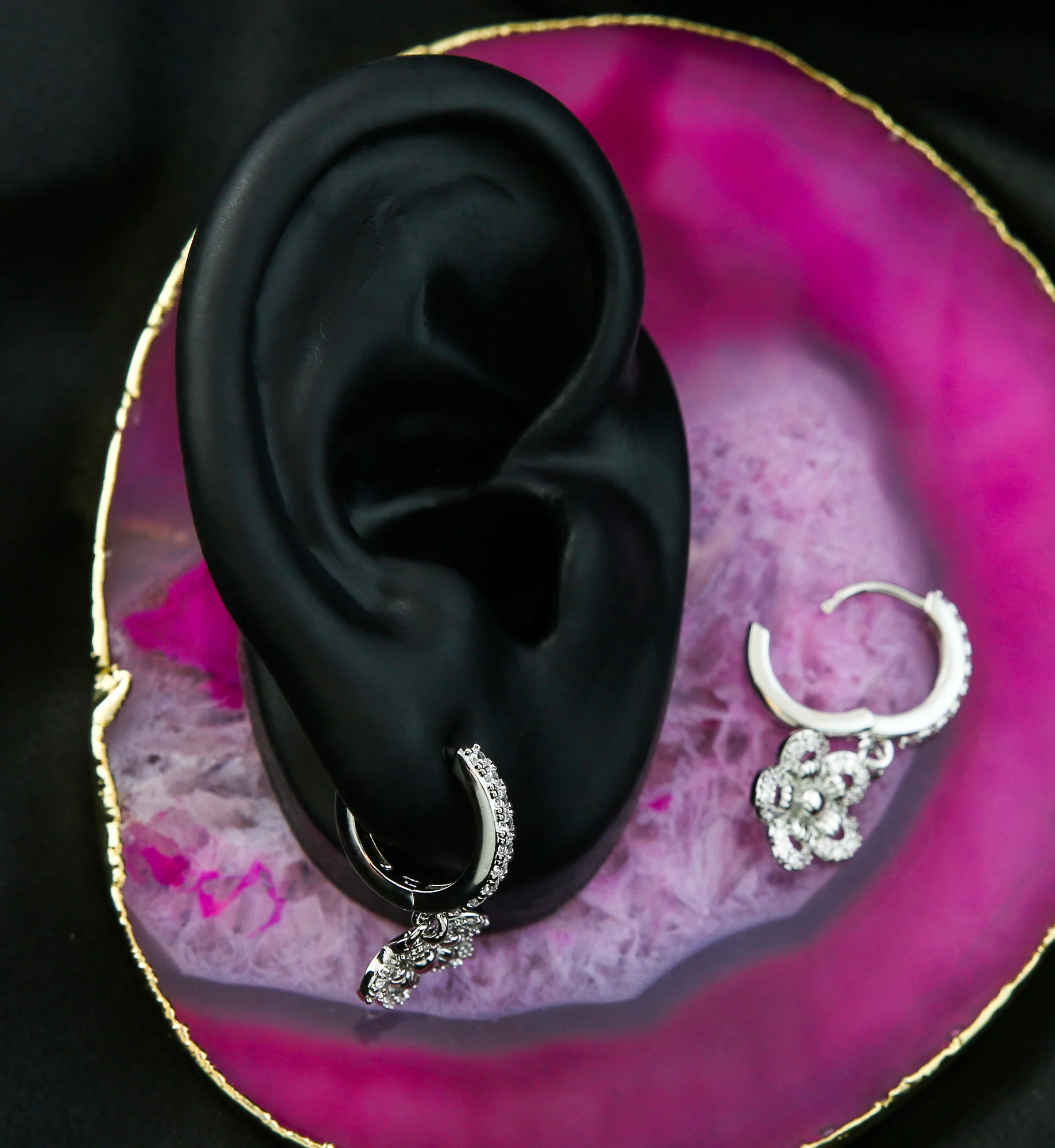 Flower CZ Stainless Steel Hoop Earrings - Image 2
