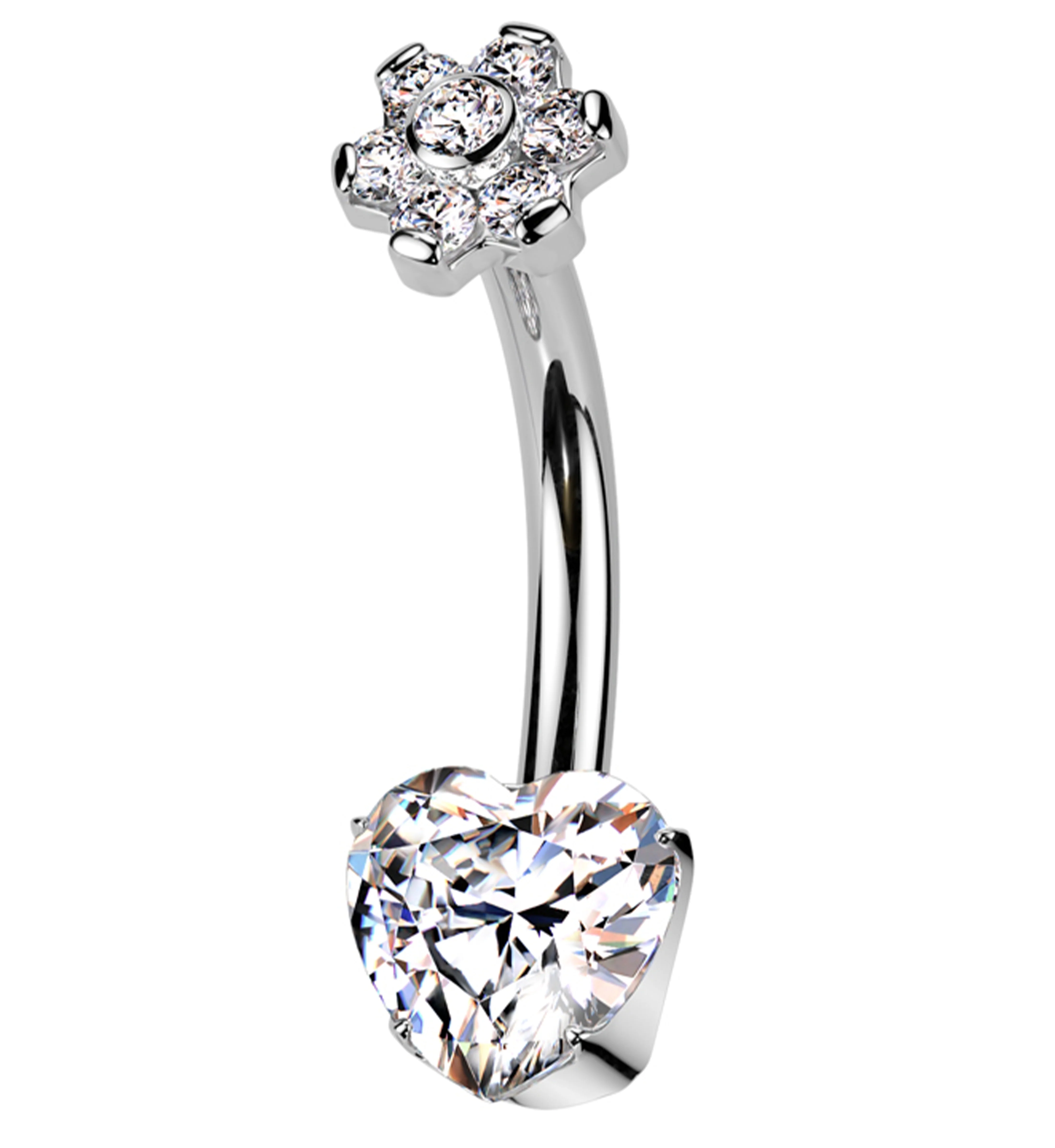 Flower Heart Clear CZ Titanium Internally Threaded Belly Button Ring