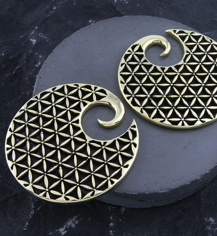 Flower Of Life Cut Out Disk Brass Hinged Ear Weights - Image 2