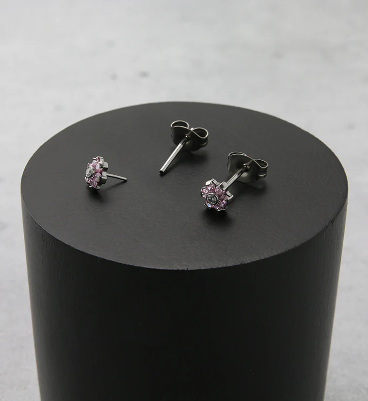 Flower Pink CZ Titanium Threadless Earrings - Image 2